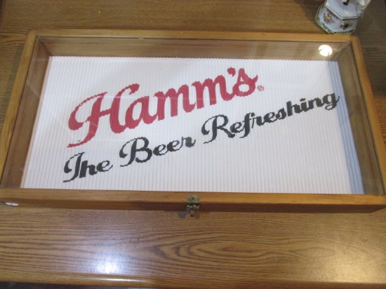 Glass Top Display Case – 13” x 24” x 2” Deep  With Corrugated Hamm's Beer Liner