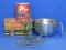 Lot: Stainless Steel 3 Quart Measuring Bowl, Starbucks Tin, Metal Thing?