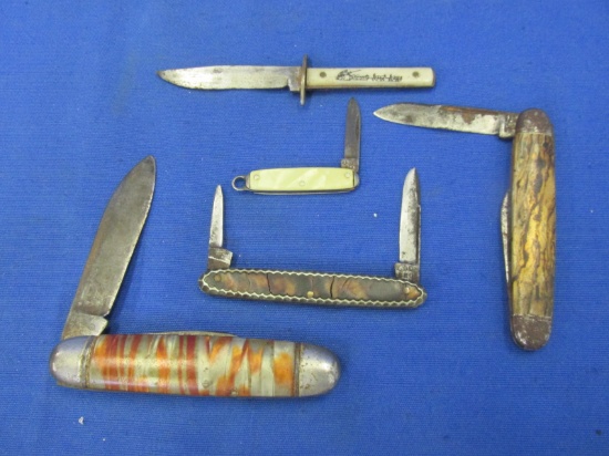 5 Vintage pocket Knives (4 Folding 1 Fixed Blade) 1”-3” Blades
