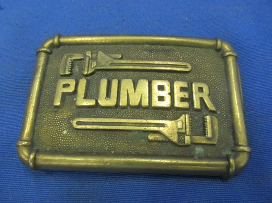 Solid Brass “Plumber” Belt Buckle – 1978 – Baqron Buckle – Rectangle