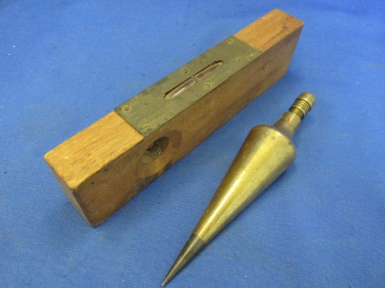 Antique Tools: Brass Plumb-Bob marked “Dietzgen 10” & 6” Wooden Level