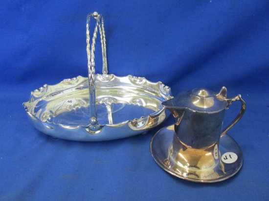 Silver Plated Syrup Pitcher w/ Under-plate (Wallace) & Oval Mint Basket (9 ½ x 7”)