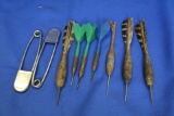 Lot of 7 Vintage Darts(3 styles) & 2 Large Safety Pin style Risdon Key Tags – Darts are 5 to 7”L