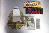 Vintage Hanging Mirror w/ Shelf, Minnehaha Falls Plaque, Halsam Checker Set