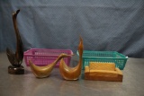 Wood Carving Lot – 3 Carved Birds, Sofa shaped Business/Note Card Holder