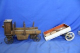 2 Partial Wagons – Made of Wood, One Painted - & 3 3” Long “Barrels”