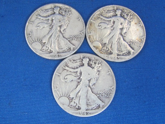 3 Walking Liberty Half Dollars – 1941, 1945-D, 1942