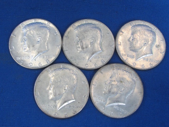 5 Kennedy Half Dollars – 40% Silver – 1965, 1966(x2), 1968-D(x2)