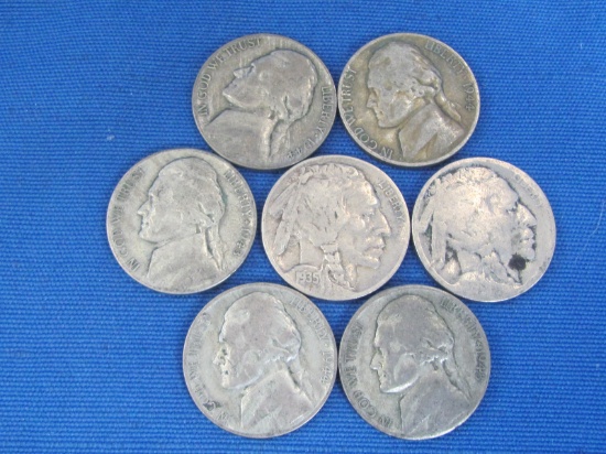Lot of 5 Silver War Nickels(1943-S, 1944-P) & 2 Buffalo Nickels(1935, No date)