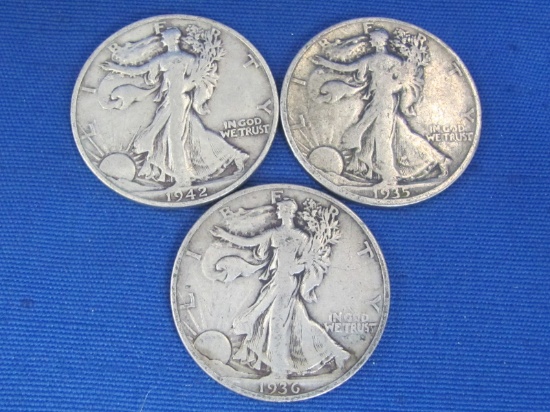 3 Walking Liberty Half Dollars – 1942-S, 1935-S, 1936-S