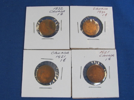 Lot of 4 Canadian 1 Cent Coins – 1921(x2), 1932(x2) – George V – All in holders