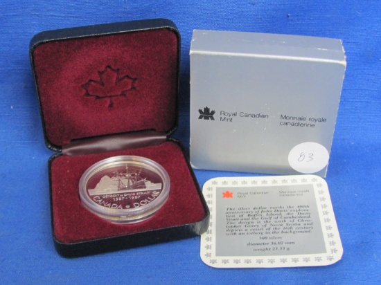 1987 Canadian $1 John Davis Exploration/Davis Strait 400th Anniversary Proof Silver Dollar Coin