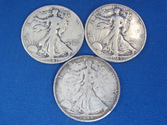 3 Walking Liberty Half Dollars – 1941-D, 1945-D, 1944-D