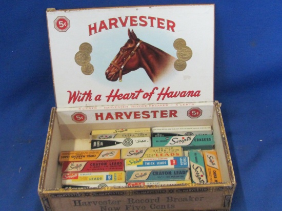 Vintage Scripto Pencil Leads(16 Boxes 2 ¾”) In Harvester Cigar Box 9 x 5 ½” x 3”