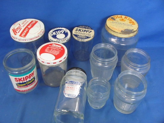 Lot of Old Jars 5 Herring Jars(3 Sizes) 6 Peanut Butter Jars Tallest is 7”