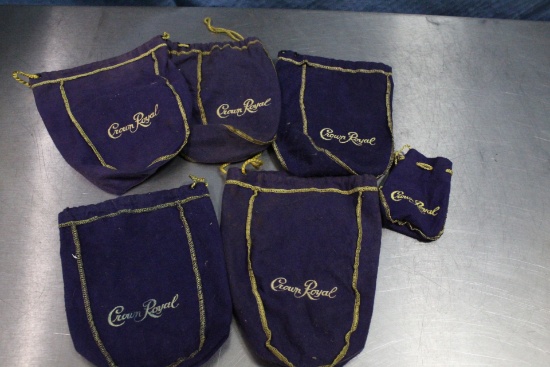 Crown Royal Bags Lot – 4 Large – 1 Medium – 1 small – see description for dims