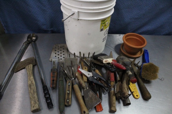 5 Gal Bucket of Misc Tools – Garden Tools – Hatchet – Pruner – Scrub Brushes