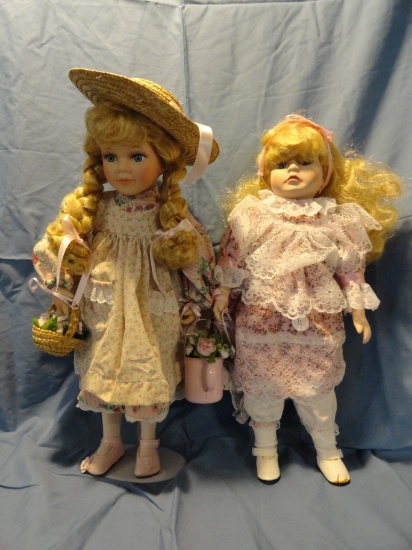 2 Porcelain Dolls w/ Floral Dresses - Unmarked - 1 w/ Stand - As shown