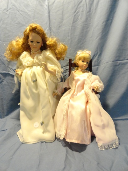 2 Porcelain Dolls - Avon Fine Collectibles - 1 w/ Stand, 1 w/ Chair - As shown