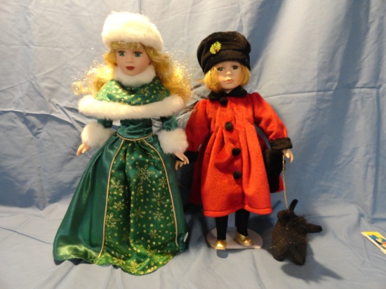 2 Winter Themed Porcelain Dolls - Avon Fine Collectibles - Both w/ Stands