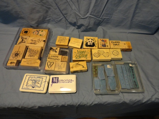 Lot of Stamping Supplies - 23 Wood backed Stamps, 10 Rubber Stamps, 3 Ink Pads