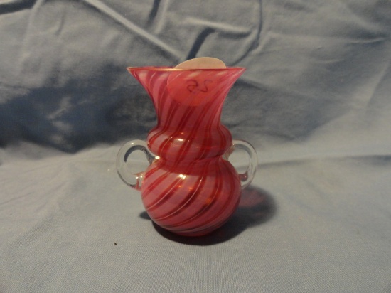 Miniature Art Glass Handle Vase - Pink/White Swirl - Handblown Glass