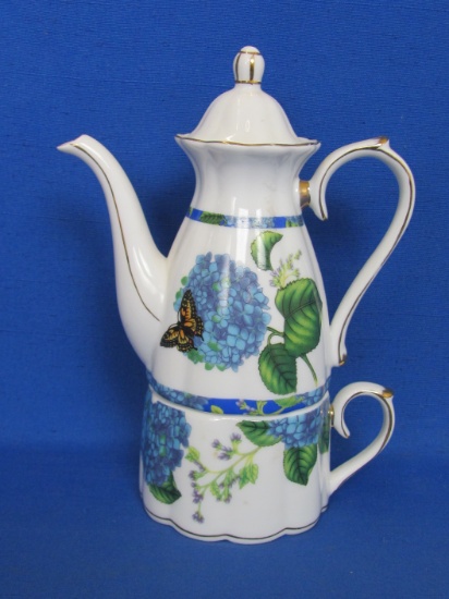 Stacking Porcelain Cup & Mini Teapot – Blue Floral with Butterfly – 7 1/4” tall