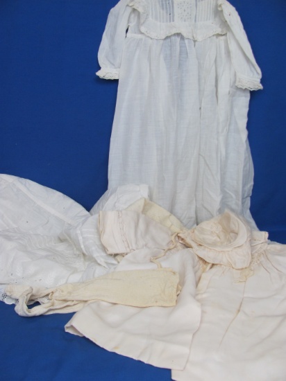 Antique Baby Clothes – Christening Gown/Slip, Bonnet, Pair of Socks, Sweater