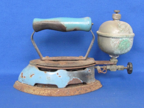 Vintage Blue Enamel Gas Powered Iron – Coleman? About 10 3/4” long
