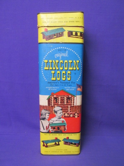 Vintage Lincoln Log Set – Container is full w/ instructions – Vintage condition