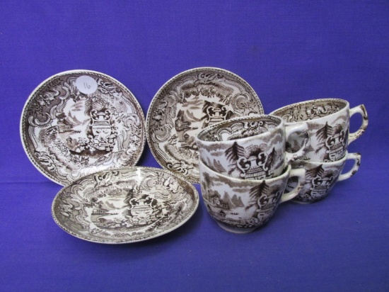 4 Teacups & 3 Saucers – Brown Transferware – Marked “Mycenae W.A.A.”