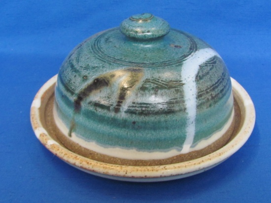 Round Covered Butter Dish – Artisan Pottery – Shades of Blue & Brown – 6 3/4” in diameter