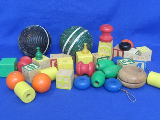 Lot of Wood Pieces for Crafts: 2 Croquette Balls, Blocks, Beads, etc..