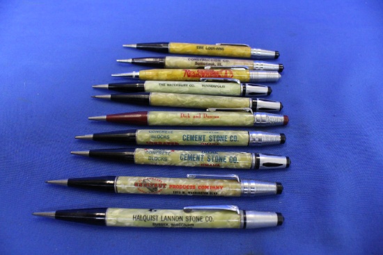 10 Vintage Pearlized Mechanical Pencils w/ Decorative Metal Ends – 1950's Advertising