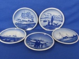 5 Mini Royal Copenhagen Porcelain Plates – All with Ships – Made in Denmark – 3 1/8” in diameter