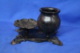 Vintage Cast Iron Ashtray with Wood Bowl – Bowl marked “Cigars” in Gold Lettering