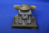 Glass Inkwell with Metal Stand & Cap – Cap is Chained to Stand – 2 1/4” tall