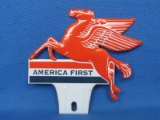 Vintage Mobil Pegasus License Plate Topper “America First” Red, White & Blue – 5 1/2” tall