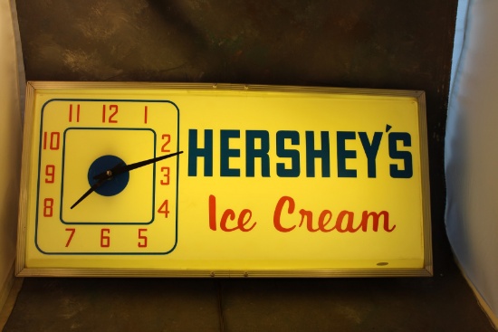 Hershey's Ice Cream Lighted Clock Sign Measures 26" x 12" x 5 1/2" WORKING