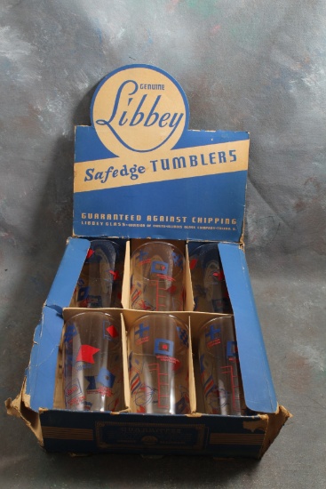 Vintage Set of 6 ESSO Gasoline Nautical Flag Tumbler Glasses in Libbey Box