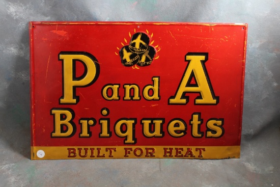 Vintage Metal Advertising Sign P and A Briquets Built For Heat 19 3/4" x 12 3/4"