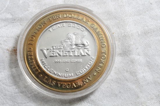 Venetian Casino Ltd. Ed. Ten Dollar Gaming Coin Token .999 Fine Silver 2000