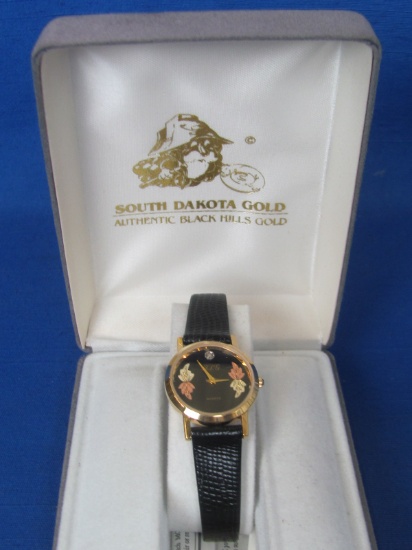 Black Hills Gold Wristwatch with Black Leather Band – In Case with Papers
