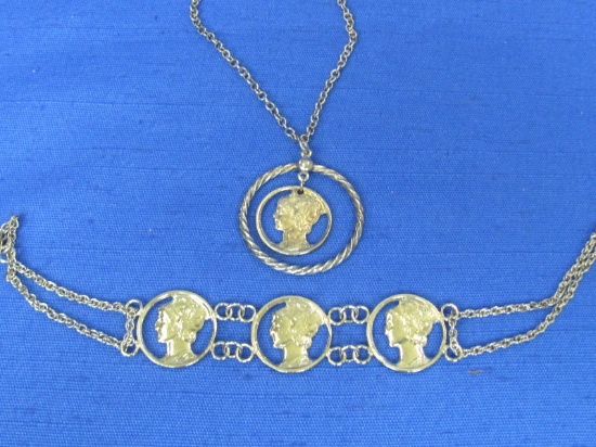 Coin Jewelry: Mercury Dime Pendant (Real) on 18” Chain  & Bracelet (Faux)