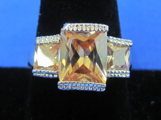 Sterling Silver Ring with 3 Emerald Cut Stones – Light Orange – size 10 – 6.9 grams