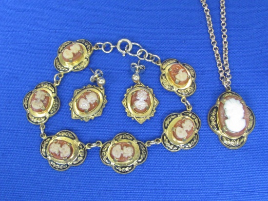 Vintage Set with Plastic Cameos: Pendant & Chain, Bracelet & Pierced Earrings