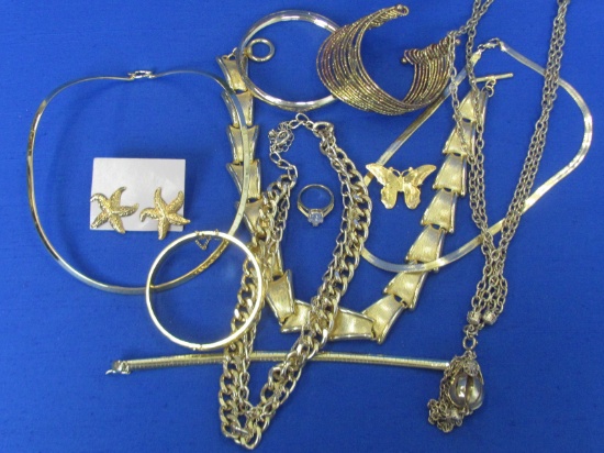 Goldtone Jewelry Lot: Necklaces, Bracelets, a Ring, Earrings