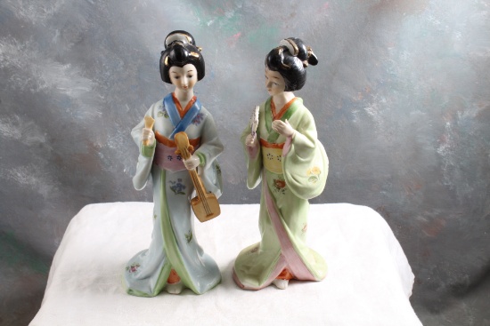 2 Oriental Geisha Girl 9" Tall Porcelain Figurines