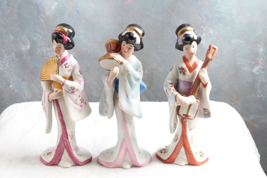 3 Capodimonte Japanese Porcelain Geisha Girl Figurines 6 1/2"Tall