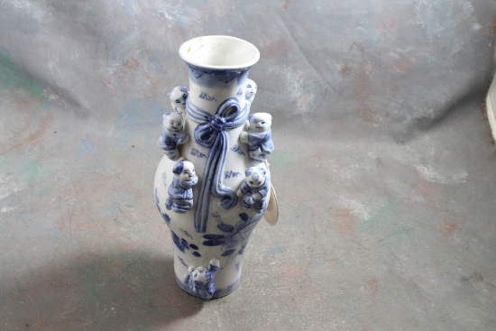 Vintage Chinese Blue and White Vase with Applied Miniature Buddas & Lotus